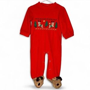 Vintage One-Piece Red Christmas Outfit with Reindeers